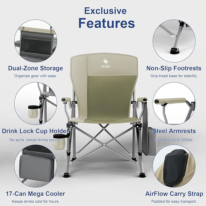 XL Heavy Duty Camping Chair 396lb Capacity (525lb Max) – Waterproof 1680D Oxford Fabric, 2" Padded Seat & Back, Cup Holder, Cooler Pocket, Portable for Camping, Beach & Tailgating (Taupe/Olive)