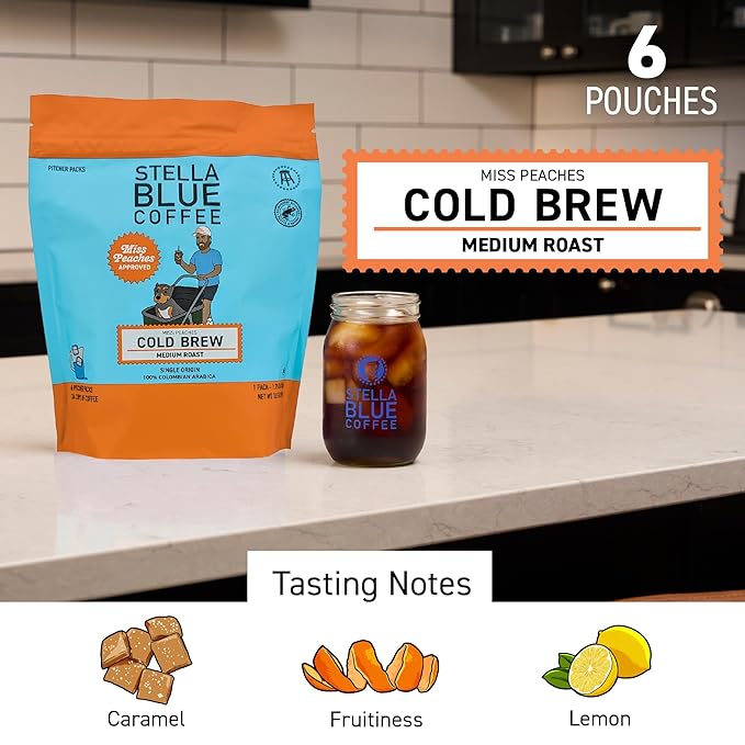 Stella Blue Cold Brew Coffee Packets, Miss Peaches Blend, Medium Roast Ground Coffee, Citrus, Carmel with Sweet Fruity Notes, 100% Arabica, 6 Brew Packets, Makes 24 Bold Cups