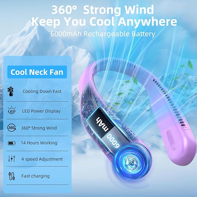 Portable Neck Fan,Hands Free Personal Wearable Bladeless Fan,6000mAh USB Rechargeable,360° Cooling,LED Display,4-Speeds,Birthday Gifts for Men Women Dad Mom,Outdoor Indoor Travel Camping (Purple)