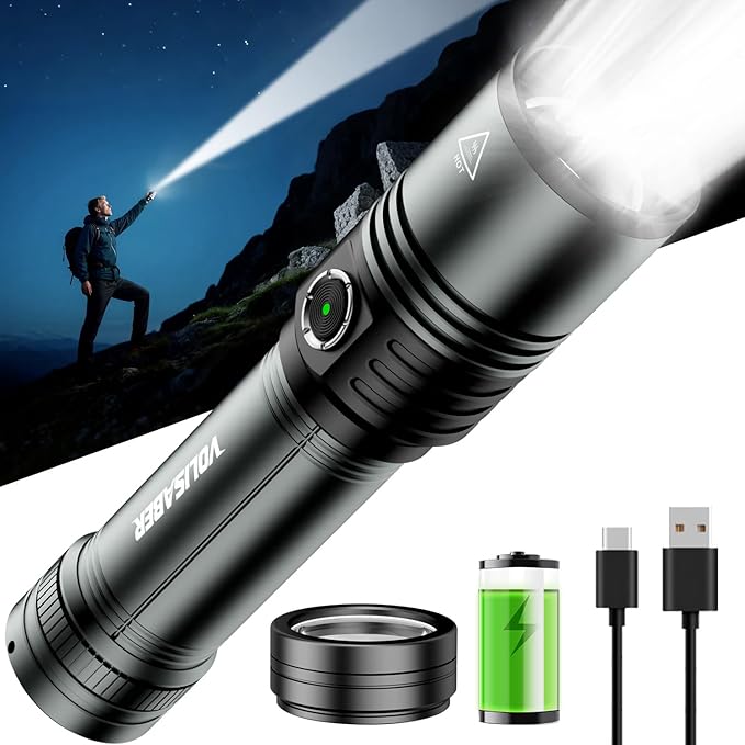 Flashlight Rechargeable 1500 High Lumens with Ignition Lens, LED Super Bright Zoomable Flash Light, 5 Modes Waterproof Handheld Powerful Tactical Flashlights for Emergency Camping Essentials