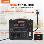 VEVOR Voltage Converter Transformer, 3000W, Heavy Duty Step Up/Down Transformer, Convert from 110 Volt to 220 Volt and from 220 Volt to 110 Volt, with US Outlet EU Outlet 5V USB Port, CE Certified