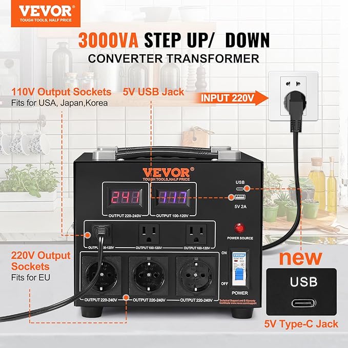 VEVOR Voltage Converter Transformer, 3000W, Heavy Duty Step Up/Down Transformer, Convert from 110 Volt to 220 Volt and from 220 Volt to 110 Volt, with US Outlet EU Outlet 5V USB Port, CE Certified