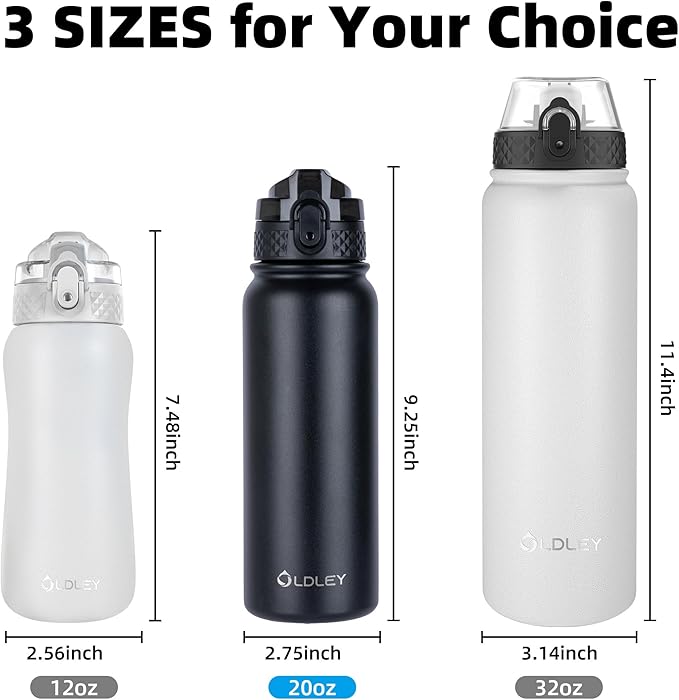 Oldley Insulated Water Bottle 20oz Water Bottles with Straw, Stainless Steel Water Bottle with 3 Lids, Double Wall Vacuum Bottles for Adult Kids, Sports Bottles for School Travel, Black