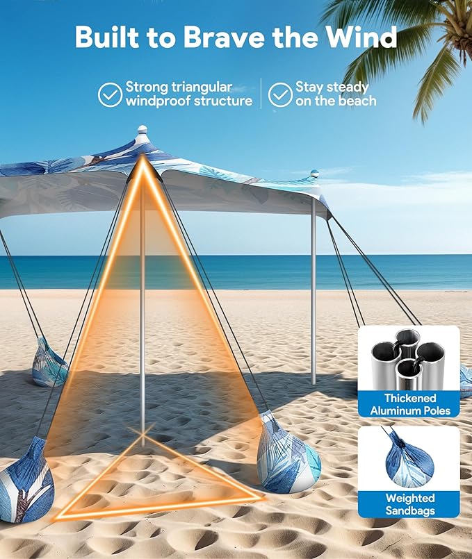 Beach Tent Sun Shelter, 10 x 10 FT Beach Canopy Tent Sun Shade, UPF50+ Tents Canopy with 8 Sandbags & 4 Stability Poles, Outdoor Tents for Camping Fishing, Leaf