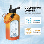 Insulated Water Bottle 64 oz, Triple Wall Vacuum Stainless Steel (Cold for 48 Hrs), Leak Proof & Non-BPA, Half Gallon Water Flask Jug with Paracord Handle & Straw Spout Lids, Ombre Orange