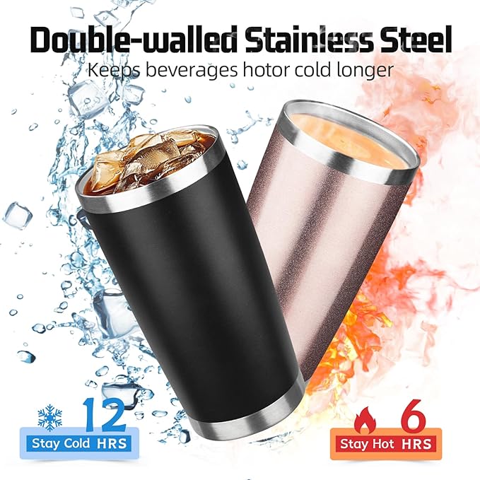 20 oz Tumbler with Lids and Straws, Stainless Steel Insulated Travel Coffee Mug, Double Wall Vacuum Insulated Tumblers, Powder Coated Coffee Tumbler for Cold & Hot Drinks (Black)