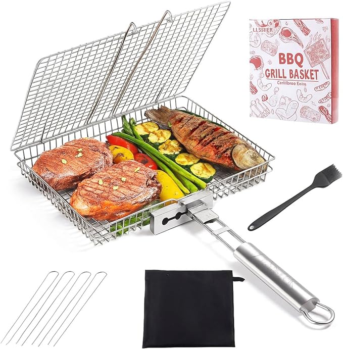 LUSSIER Grilling Basket for Outdoor Grill – Large Foldable Stainless Steel Barbeque Basket with Removable Handle, Skewers & Basting Brush Non-Stick BBQ Grill Basket for Veggies, Fish & Shrimps