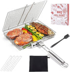 LUSSIER Grilling Basket for Outdoor Grill – Large Foldable Stainless Steel Barbeque Basket with Removable Handle, Skewers & Basting Brush Non-Stick BBQ Grill Basket for Veggies, Fish & Shrimps
