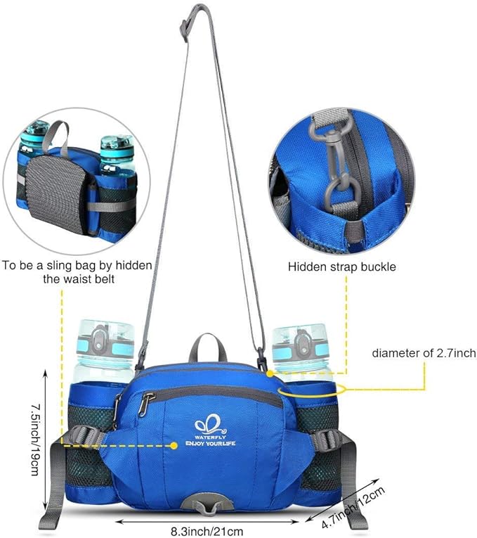 WATERFLY Fanny Pack Waist Bag: Fannie Pack 2 Water Bottle Holders Lumbar Belt Hiking Walking Running Jogging Camping Large Woman Man (Bottle Not Included)