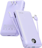 VRURC Portable Charger 20000mAh, Fast Charging Power Bank USB C,4 Output 2 Input Travel Essentials Charging Bank Equipped with LED Display,Built-in Wall Plug and Cables,Phone Charger Battery,Purple