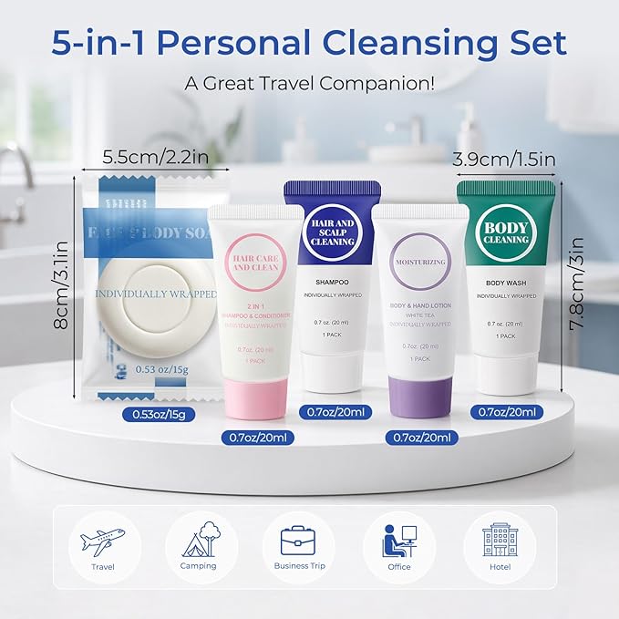 Individually Wrapped Toiletries Set Bulk, Travel Size 0.7 Fl oz Mini Body Wash Body Lotion Shampoo 2-in-1 Hair Wash & Conditioner 0.53 oz Bars Soap Toiletry Amenities for Hotel/Homeless (Pack of 50)