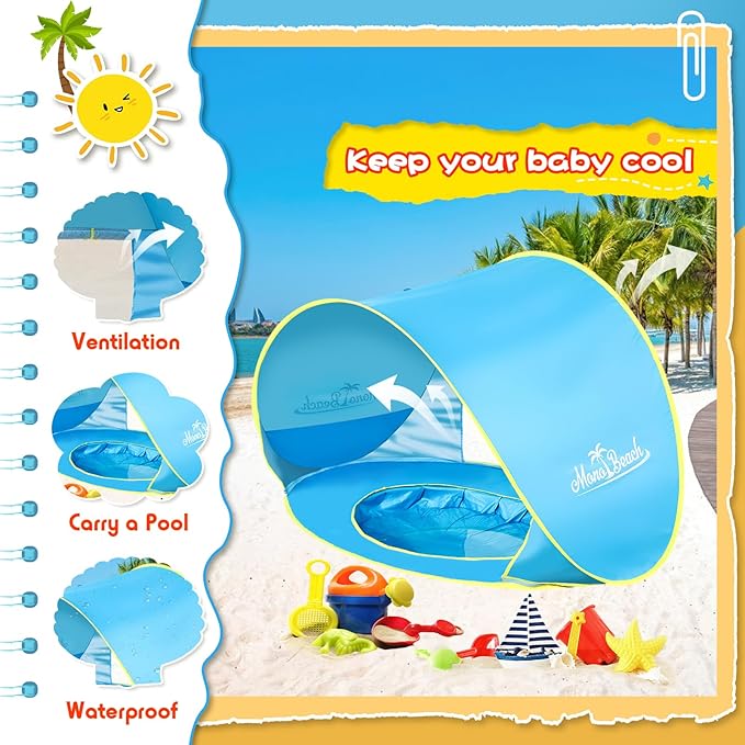 Monobeach Baby Beach Tent with Beach Sand Toys Pop Up Portable Shade Pool UPF50+ UV Protection Sun Shelter for Infant with Easy Set Up Canopy (Blue with Toys)