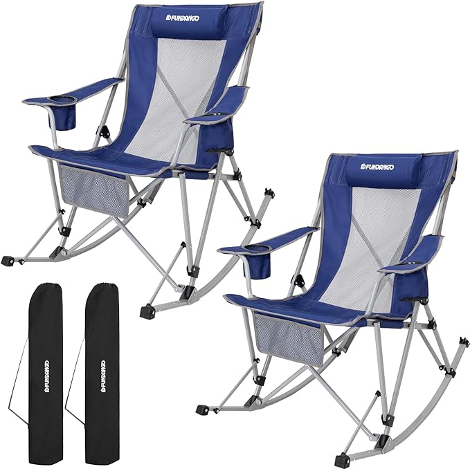 FUNDANGO Rocking Camping Chair, 2 Pack High Mesh Back Portable Folding Camp Chairs with Pillows, Cup Holder and Carry Bag for Lawn Patio Garden Outdoor Supports 300 Lbs (Blue/Grey)