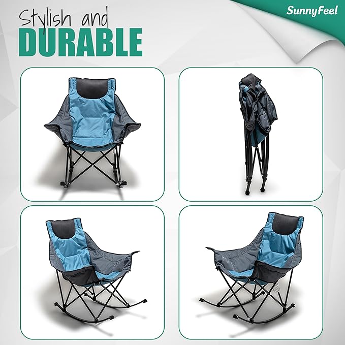 SUNNYFEEL Oversized Rocking Camping Chair, Fully Padded Patio Chair with Side Pocket, High Back Portable Lawn Recliner with Headrest, Outdoor Camp Rocker Chairs for Adults Heavy Duty 300 LBS