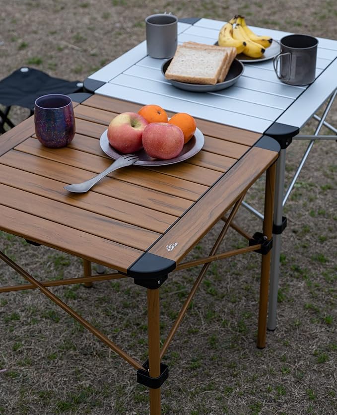 iClimb Lightweight Stable Alu. Folding Square Table Roll Up Top with Carry Bag for Camping Picnic Backyards BBQ Camp Kitchen (Nature, M)