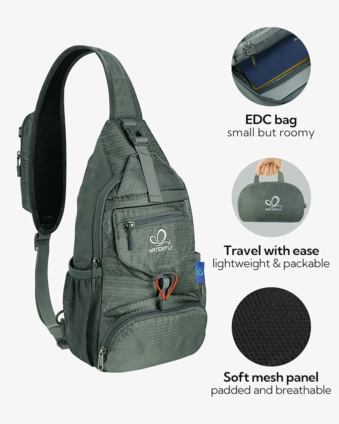WATERFLY Packable Small Crossbody Sling Backpack Shoulder Chest Bag Daypack for Hiking Traveling Grey