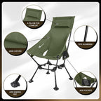 MOON LENCE High Back Folding Camping Chairs, Adjustable Height Beach Chair with Anti-Sinking Feet & Widened Seat (Green)