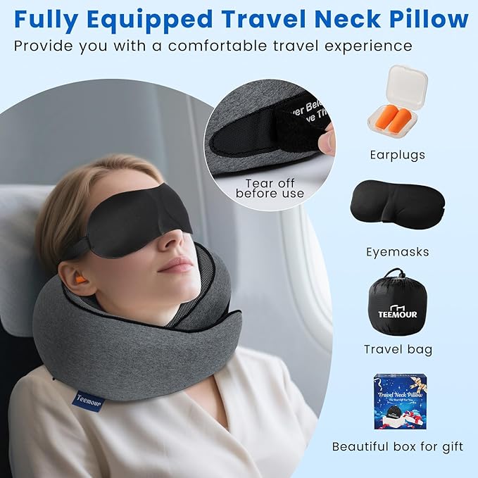 Neck Pillow for Airplane Travel Memory Foam Neck Travel Pillow with Eye Mask & Ear Plugs, Portable Carry Bag for The Comfort of Travel & Office, Travel Pillow for Plane, Car, Home, Work, Dark Grey