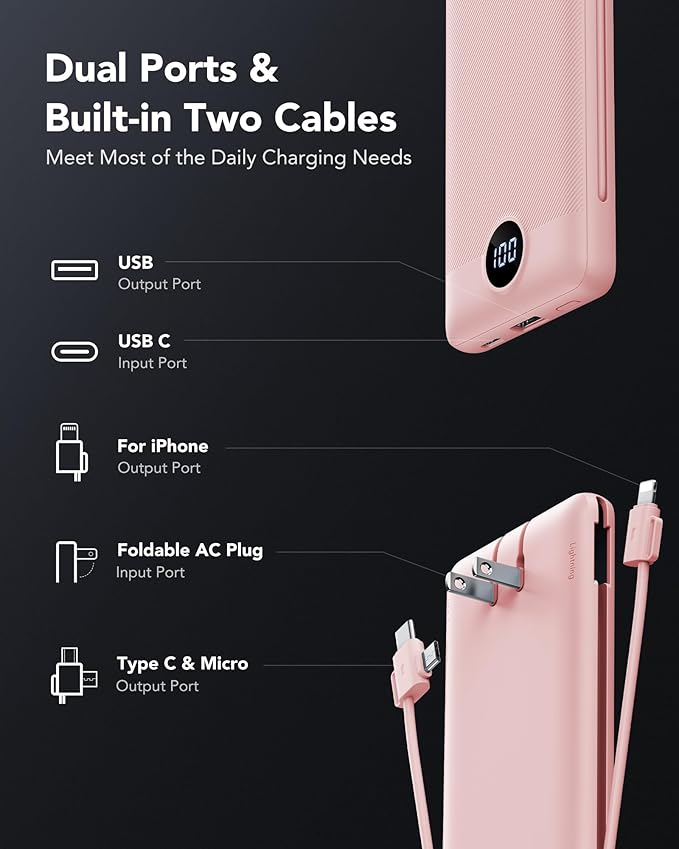 VRURC Portable Charger Power Bank with Wall Plug, 10000mAh Portable Charger with Built in Cables, PD 20W Fast Charging Portable Charger with Cords External Charger Travel Accessories-Pink(1 Pack)