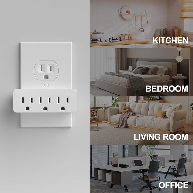 3 Outlet Adapter Extender, 3 Way Grounded Plug Splitter, 1 to 3 Plug outlet splitter, White, 4PACK