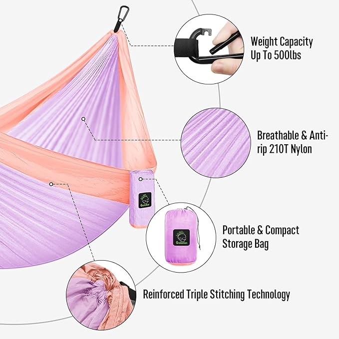 Grassman Camping Hammock Double & Single Portable Hammock with Tree Straps, Lightweight Nylon Parachute Hammocks Camping Accessories Gear for Indoor Outdoor Backpacking, Travel, Hiking, Beach