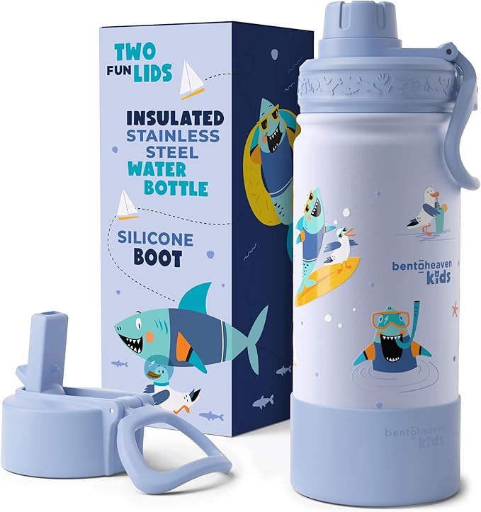 Bentoheaven Kids Water Bottle Stainless Steel for Boys & Girls, 2 Lids (Chug & Straw), Handle & Silicone Boot, Reusable Metal Leak-proof Insulated Tumbler, School & Sports 17oz (Blue)