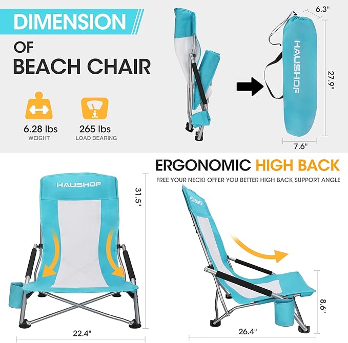 HAUSHOF High Back Beach Chair, Mesh Back Folding Chair, Lightweight Low Seat Camping Chairs with Cup Holder, Carry Bag, Padded Armrest for Outdoor Beach Lawn Camping Picnic Festival