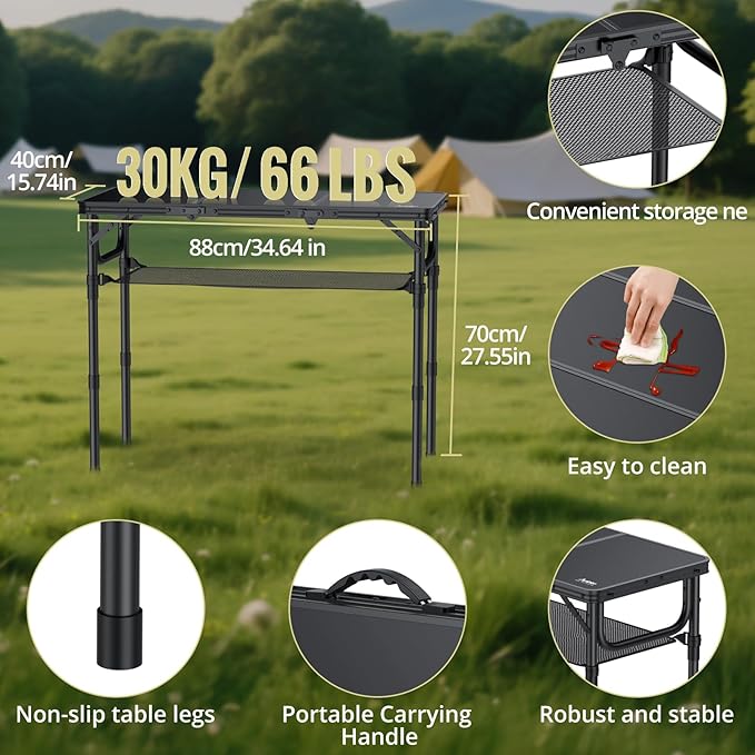 Anbte Folding Camping Table with Storage Net, 3ft Camping Table Aluminum Folding Table with 3 Adjustable Height Max 27.5 Inch Picnic Table Portable Table for Outdoor Backyard BBQ, Pure Black