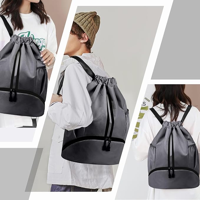 Hoedia Sports Drawstring Backpack - String Swim Gym Bag with Shoes Compartment and Wet Proof Pocket for Women/Men (Dark Grey)