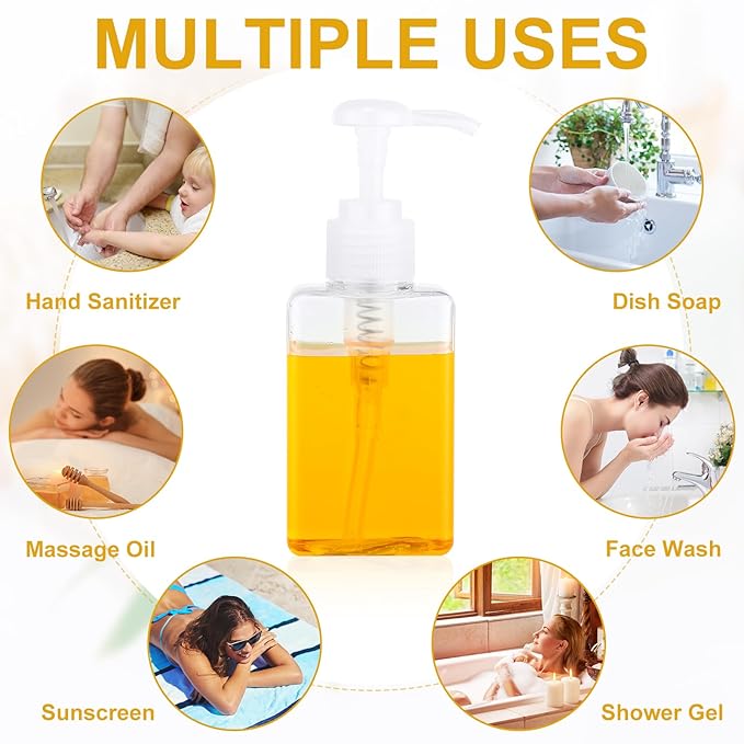 Domensi 12 Pcs 100ml /3.4 oz Pump Bottle Mini Travel Bottles Small Dispenser Containers Plastic Pump Lotion Dispenser Empty Square Travel Size Containers Toiletries (Clear,Black,White)