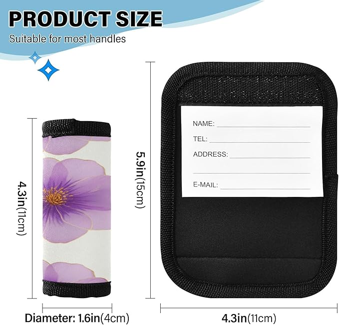 4 Pack Purple Flower Luggage Handle Wrap, Detachable Luggage Tag, Neoprene Suitcase Wrap with Comfort Grip & Bright Identifier for Suitcase, Travel Bag, Sports Bag
