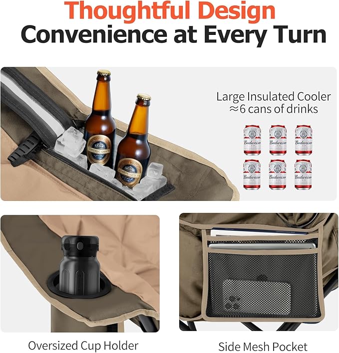 Overmont Oversized XL Camping Chair for Adults - 400lbs Support Heavy-Duty Padded Folding Chair with Side Pocket Cup Holder Cooling Bag for Outdoor Sports Garden Beach Fishing Lawn Khaki