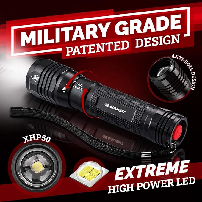 GearLight S2500 LED Flashlight - Extremely Bright, Powerful Tactical Flashlights with High Lumens for Camping, Emergency & Everyday Use - 1 Pack, (Batteries Not Included)
