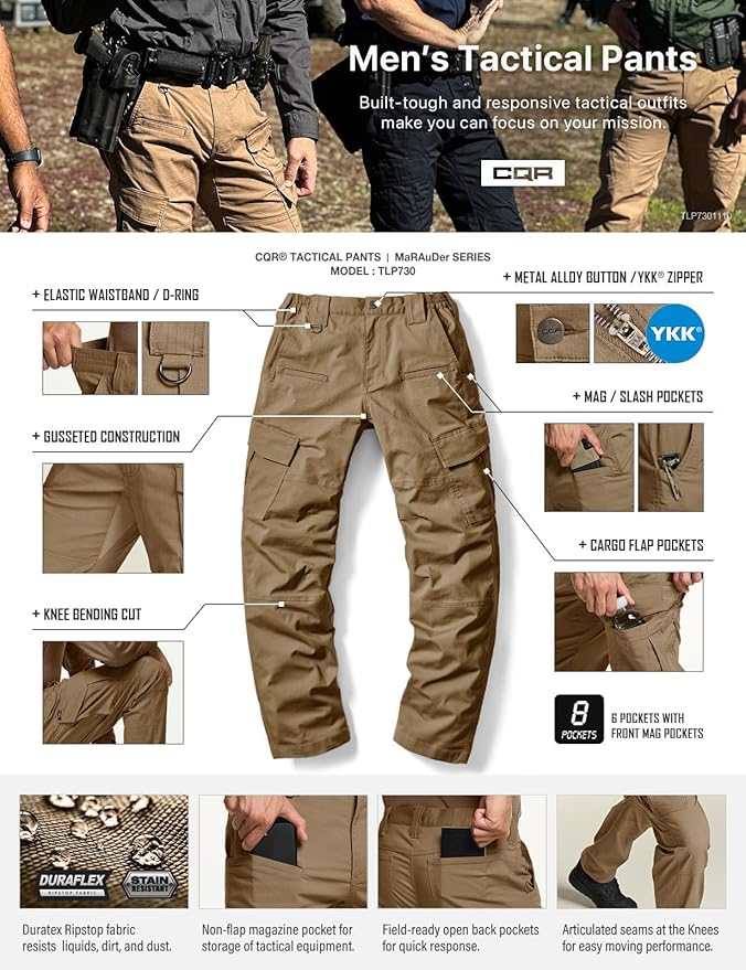 CQR Men's Flex Ripstop Tactical Pants, Water Resistant Stretch Cargo Pants, Lightweight EDC Hiking Work Pants