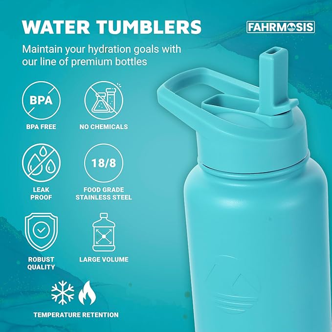 40 Oz Water Bottle with Straw Stainless Steel Sports Water Bottle with 3 Lids (Straw, Chug and Flip Lid) Insulated Leak Proof Metal Jug for Men & Women - Teal