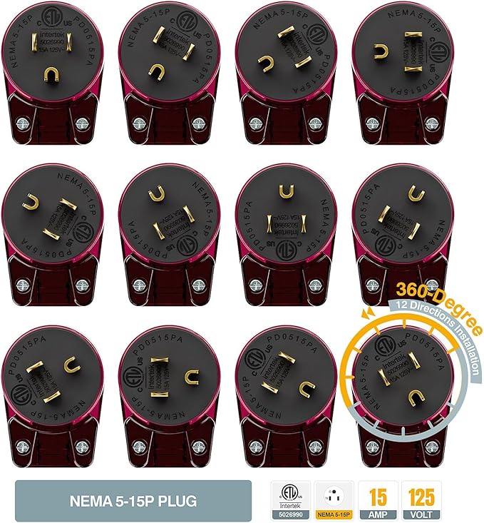 (5PACK) ETL Listed 90 Degree USA Canada Male Plug Nema 5-15P 3 Pole Angle DIY Plug, 15A 125V USA 3Pin Right Angle, Nema 5-15P Angled Rewireable,Red Color