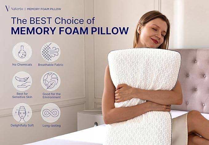 Vaverto Standard Size Gel Memory Foam Pillow - Ventilated, Orthopedic, Bed Pillow, Cooling, with Viscose Made from Bamboo Cover - Essential for College Dorms