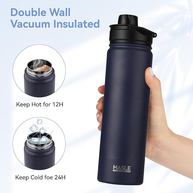 HASLE OUTFITTERS Insulated Water Bottle 22 oz Double Wall Stainless Steel Water Bottle Wide Mouth with Straw Lid & Spout Lid Keeps Cold or Hot(Navy,8)