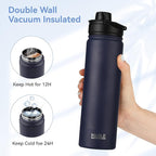 HASLE OUTFITTERS Insulated Water Bottle 22 oz Double Wall Stainless Steel Water Bottle Wide Mouth with Straw Lid & Spout Lid Keeps Cold or Hot(Navy,4)
