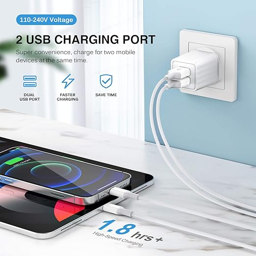 iPhone Charger,[Apple MFi Certified] Fast iPhone Charger 2PACK 6FT Lightning Cable Cord Fast Charging Dual 2 Port Plug USB Wall Charger Compatible with iPhone 14 13 12 11 Pro Max XS XR X 8 Plus 7 iPad