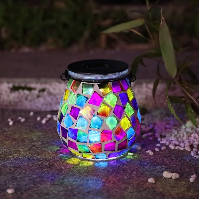 Afirst Mosaic Solar Lanterns Outdoor - Glass Hanging Solar Lights Hollow Out Waterproof Table Lamp Outdoor Decorative for Garden, Patio, Holiday Party Outdoor Decoration