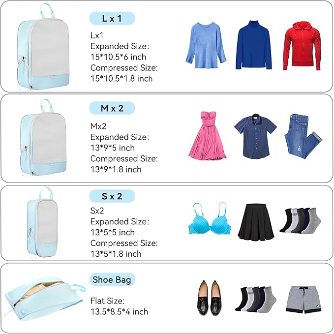 Voova 6 Set Compression Packing Cubes, Travel Accessories Expandable Packing Organizer Bags Set for Carry on Suitcase, Durable Luggage Packing Cubes for Travel Essentials, Blue