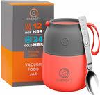 ENERGIFY Vacuum Insulated Food Jar. Large 12oz Bowl incl. Folding Spoon, Cup. Wide Mouth Keep Hot & Cold Drinks Soup Lunch Container for Adults. BPA-Free Stainless Steel, Leak Proof Fusion Coral