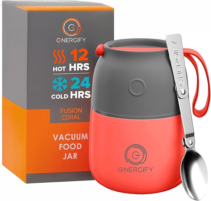 ENERGIFY Vacuum Insulated Food Jar. Large 12oz Bowl incl. Folding Spoon, Cup. Wide Mouth Keep Hot & Cold Drinks Soup Lunch Container for Adults. BPA-Free Stainless Steel, Leak Proof Fusion Coral