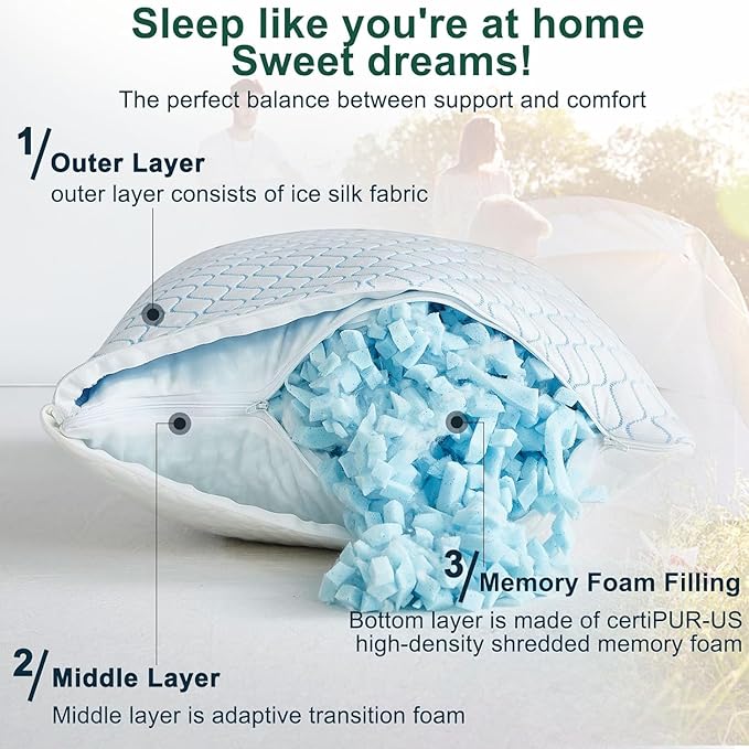 Gehannah Travel Pillow - Large 2 Pack Compressible Camping Pillow for Sleeping - Shredded Memory Foam with 2 Storage Bags - Supportive for Adults, Kids, Outdoor, Backpacking, Hiking Gear
