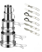 Camping Cookware Mess Kit Set 304 Stainless Steel 12-Piece Lightweight Backpacking Cooking Set Outdoor Cook Gear for Family Hiking, Picnic(Pot, Frying Pan, Bowl, Plate, Spoon, Fork)