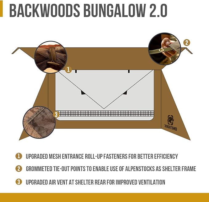 OneTigris Backwoods Bungalow Bushcraft Shelter 2.0, Ultralight Backpacking Tent with with Porch for Camping Hiking Backpacking Motorcycle Kayak Bushcrafters