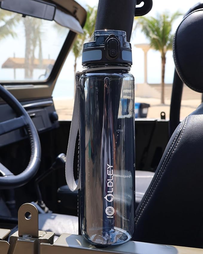 OLDLEY 32 oz Water Bottle, Motivational Water Bottle with Time Marker, Sports Water Bottle With Strap, Leakproof & BPA Free Large Water Bottles for School, Gym, Travel, Tritan, Transparent Ink Blue