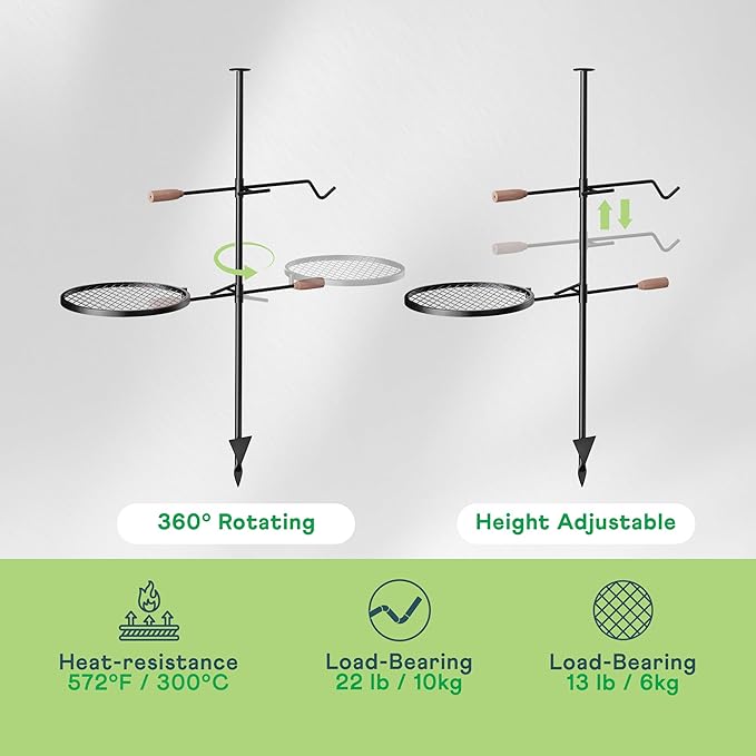 IDZO Swivel Campfire Grill – Heavy Duty Fire Pit Grill Grate, 360° Adjustable Steel Cooking Rack for Open Fire, Portable Outdoor BBQ Campfire Grate for Camping, Hiking, Backyard & Survival Cooking