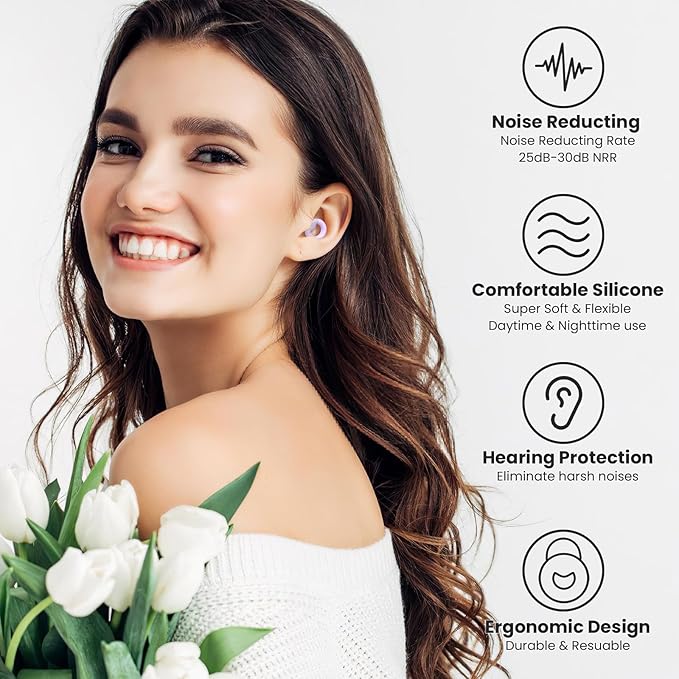 JUSTRVN Earplugs for Sleeping,Noise Reduction Soft Silicone Ear plugs with 7 Pairs Ear tips&One Connection Cord,Hearing Protection Reusable Earplugs for Sleeping,Concert,Work&Sound Reduction 25dB-30db